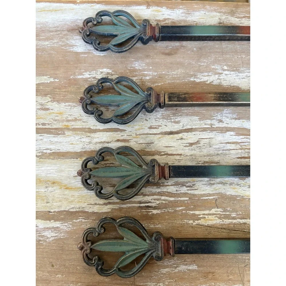 Vintage Victoria style swing arm curtain drapery rods green red ornate finial
